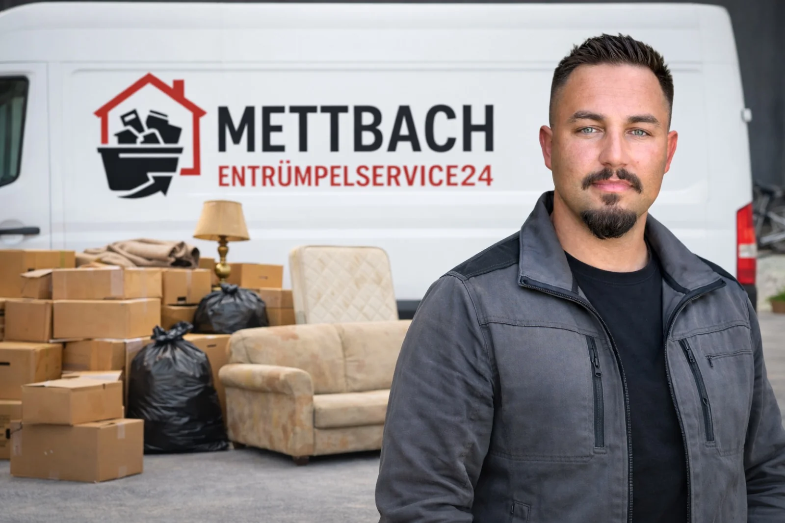 Marvin Mettbach - Inhaber von Mettbach Entrümpelservice24 vor dem Firmen-Transporter